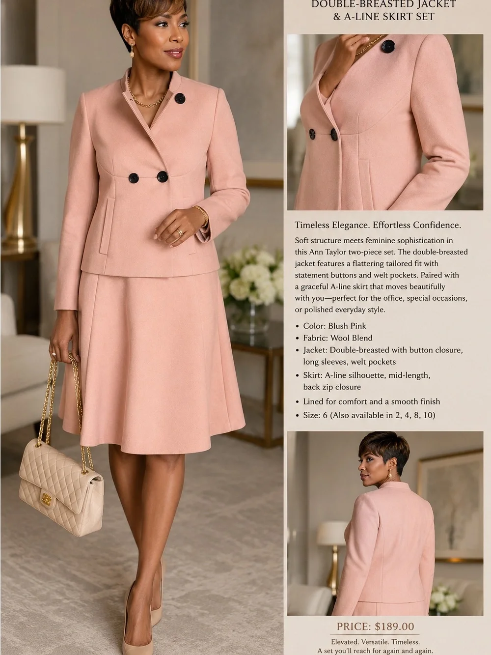 Ann Taylor Blush Pink Two-Piece Knit Skirt Set with Dark Buttons